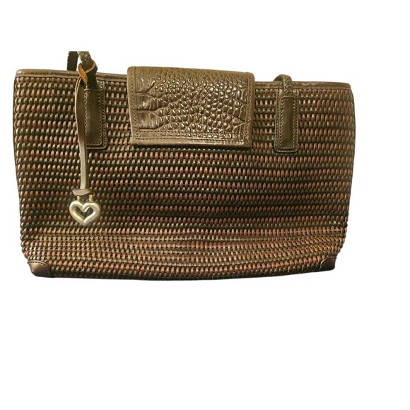 Brighton Vintage Woven Leather Tote | Brown Croc Embossed Flap | Silver Hardware - Picture 6 of 12